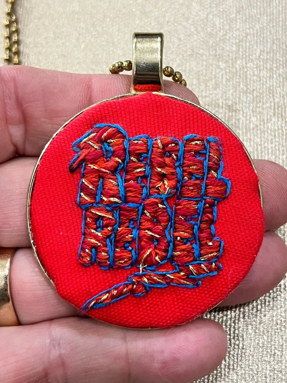 David Bowie Rebel Rebel hand embroidered thread paint pendant necklace